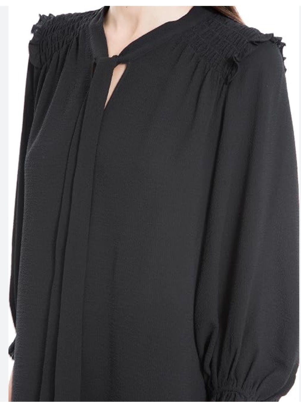Max Studio Black Tie-Neck Smocked Blouse
